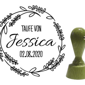 Stempel Holzstempel Taufe, Kommunion, Konfirmation, Firmung, "Taufe 2" - Ranke + Name + Datum
