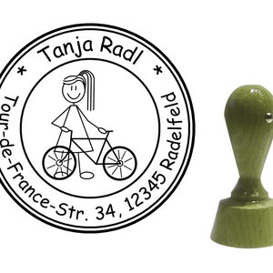 personalisierter Stempel Figur wählbar "Strichmännchen Radlerin" rund