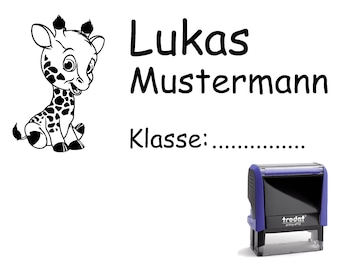 School Stamp Stamp "Giraffe Child 1" 58 x 22 mm - Stamping Machine Name + Class Child Kids Giraffe Calf Giraffe