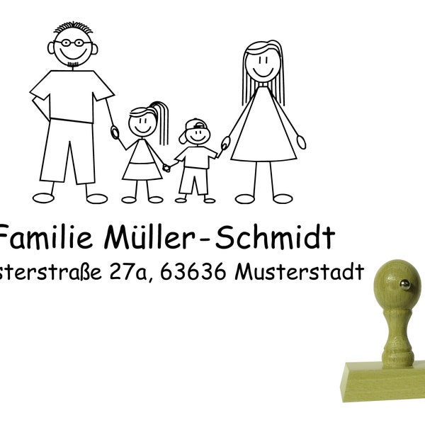 personalisierter Familienstempel "Strichmännchen Müller-Schmidt" rechteckig