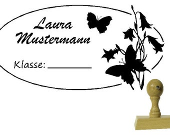 Schulstempel  Stempel Schmetterling  60x30 mm - Holzstempel Name und Klasse