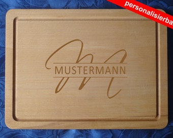 personalisiertes Schneidebrett Motiv "Monogramm 1" Name + Monogramm, Buche, rechteckig, 38 x 28 x 1,5 cm, Gravur