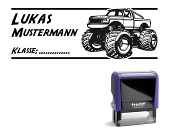 Schulstempel Stempel "Monstertruck 1"  70 x 25 mm - Stempelautomat Name + Klasse  Kind Kinder