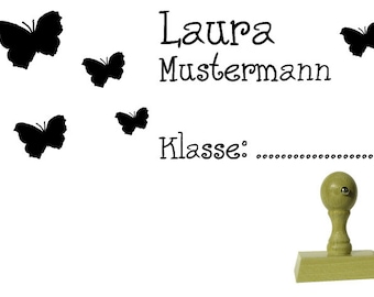 School stamp stamp butterfly 60 x 20 mm-wooden stamp name and class