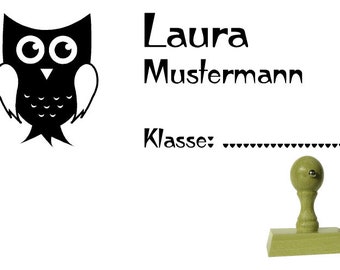 Schulstempel Stempel Eule 60x20mm - Holzstempel Name + Klasse