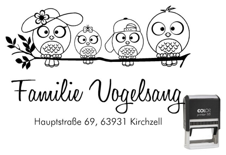 Adres familie stempel vogels 60 x 40 mm afbeelding 1