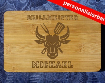 personalisiertes Schneidebrett Motiv "Grillmeister 2" + Name, Bambus, rechteckig, Gravur