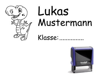 Schulstempel Stempel "Dino 2"  58 x 22 mm - Stempelautomat Name + Klasse  Kind Kinder Dinosaurier