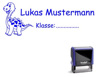 Schulstempel Stempel "Dino 1"  58 x 22 mm - Stempelautomat Name + Klasse  Kind Kinder Dinosaurier