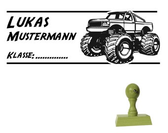 Schulstempel Stempel Monstertruck 70 x 25 mm - Holzstempel Name + Klasse