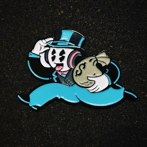 May include: A cartoon character wearing a top hat, headphones, and a suit runs with a bag of money. The character has a white face with black eyes and a pink tongue sticking out. The bag of money is green and has a dollar sign on it. The character is running on a black background.