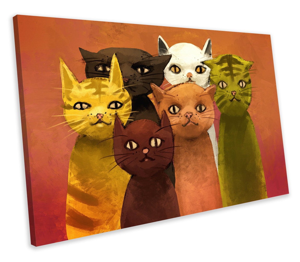 Abstract Cute Cats Acrylic Painting Canvas Print Framed Wall Etsy