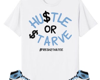 Jordan Retro 1 University Blue Sneaker Tee, camisa a juego con Retro 1 University Blue , Baby Blue / Light Blue Retro 1 Tee ajetreo o hambre