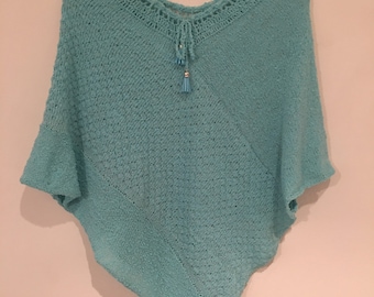 Ready to Ship Blue Size 4T Gift Tassels, Girls Poncho Birthday Green Present Multi-Colored, Soft Aqua Toddler Crochet