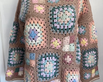 Hand Crochet Granny Square Sweater pastels.