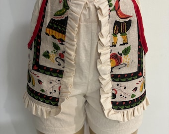Vintage Tea Towel Shorts Folk Art