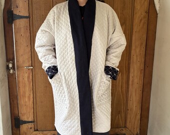 Quilted Shawl Collar Coat with Sashiko Stitched Trim