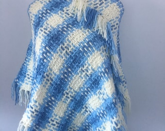 Hand Woven and Crochet Fringed Poncho Blues