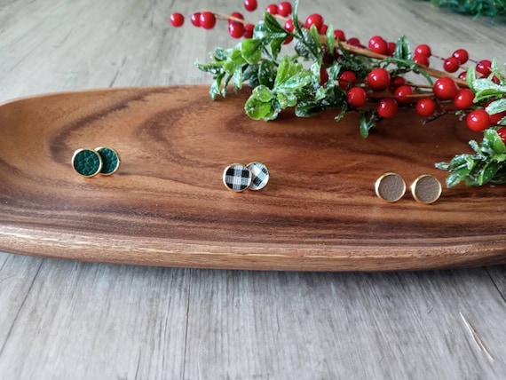 Leather Stud Earrings, Buffalo Check, Gold Earring, Green Earring, Leather Earrings, Small Earrings, Minimal Earrings, Christmas Earrings