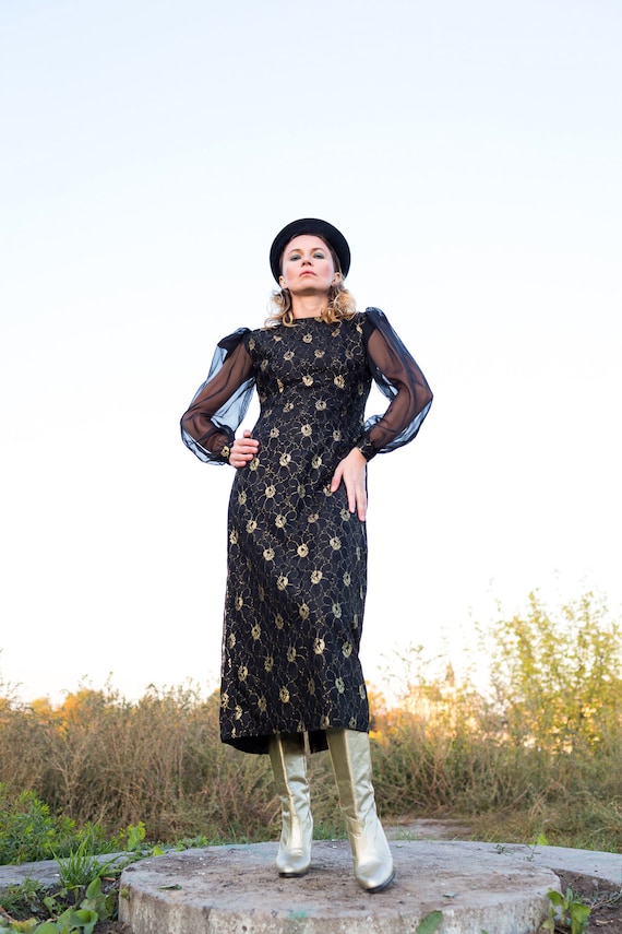 Lace Dress 1970s , Vintage Black Lace Dress, Silk
