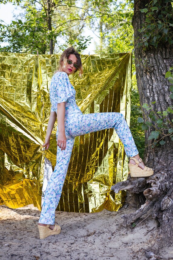 Floral ornament vintage jumpsuit. Blue vintage jum