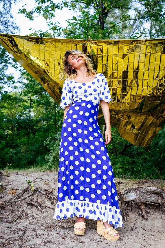 blue and white polka dot maxi dress