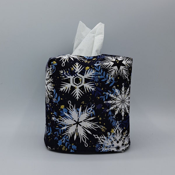 Tissue Box Cover, Snowflakes, White, on Navy Blue Fabric Cover, Winter Inside Decore, Kitchen Decore, Tissue Dispenser, Home Gift