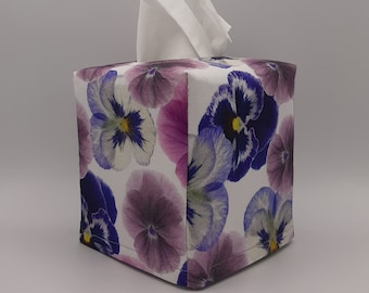 Purple Pansy Tissue Box Cover, Purple Pansy Kleenex Box Cover, Square Fabric Tissue Cover, Pansy Lover