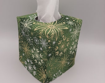 Funda para caja de pañuelos con copos de nieve, dorada, blanca y verde, decoración invernal para interiores.