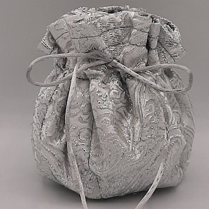 Jewelry travel Pouch, Drawstring Organizer Pouch, Silver Brocade with Silver Satin, Mother&#39;s Day Gift