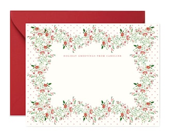 Poinsettia Border Stationery Mignon Size {Stationary Notecards, Monogram, Custom, Artistic, Girly, Christmas Trees, Green, Red, Chic}