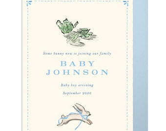 Gender Reveal Card Bunny Pink or Blue Boy Girl Personalized Baby Announcement Printed Stationery