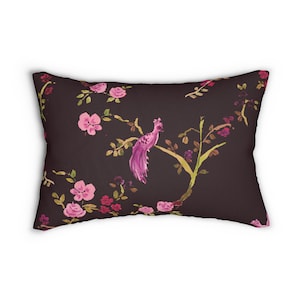 Plum Peacock Chinoiserie Lumbar Pillow