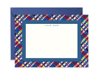 Tarjetas personalizadas, juego de papelería con nombre personalizado Prescott Plaid, tarjetas con borde de cuadros coloridos, tarjetas planas preppy en tonos joya, regalo llamativo para ella.