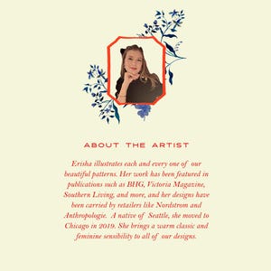 May include: A portrait of a woman in a red-framed hexagon, surrounded by blue floral illustrations. The text "ABOUT THE ARTIST" is above a description of the artist's work and background.