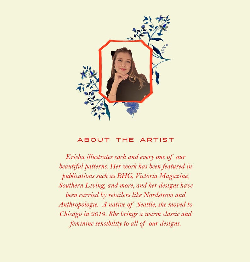 May include: A portrait of a woman in a red-framed hexagon, surrounded by blue floral illustrations. The text "ABOUT THE ARTIST" is above a description of the artist's work and background.