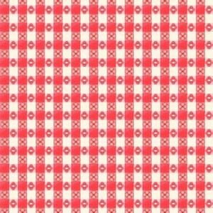 May include: A repeating pattern of red and white squares, reminiscent of a picnic tablecloth. Each red square features a smaller, decorative floral design in the center, adding a touch of detail to the classic checkered pattern.