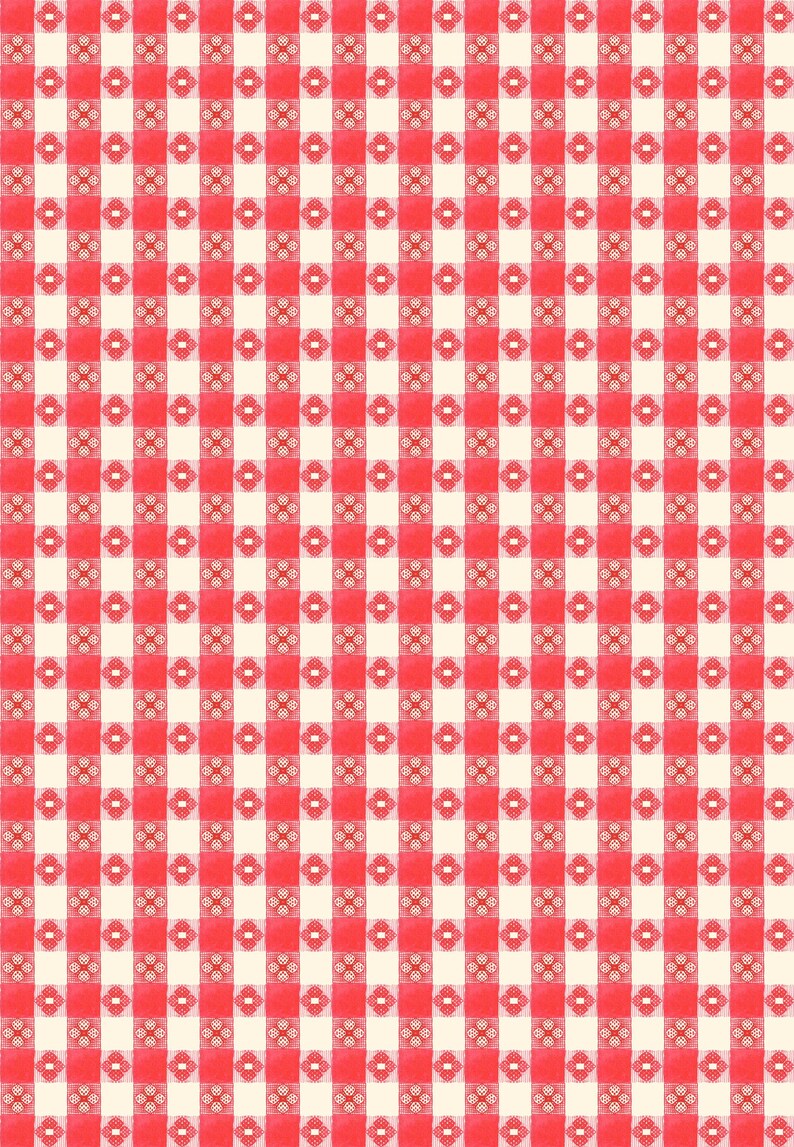 May include: A repeating pattern of red and white squares, reminiscent of a picnic tablecloth. Each red square features a smaller, decorative floral design in the center, adding a touch of detail to the classic checkered pattern.