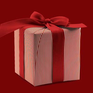 May include: A red and white striped gift box with a large red bow.