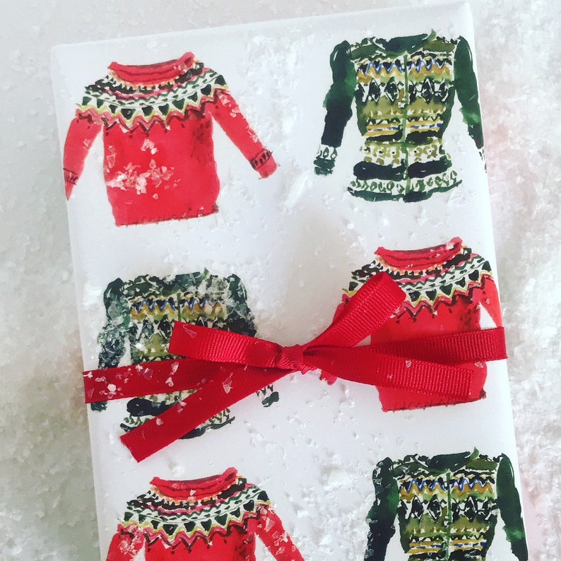 Wrapping Paper: Red and Green Fair Isle Sweaters Gift Wrap, Birthday, Holiday, Christmas afbeelding 2