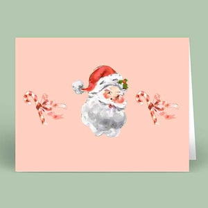 Folded Christmas Cards: Santa Claus Pink {Stationary Notecards, Monogram, Custom, Artistic, Girly, Christmas Trees, Green, Red, Chic}