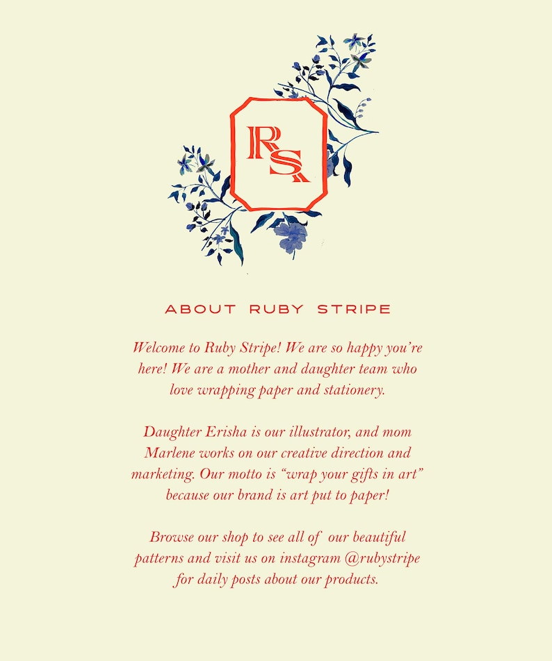 May include: Cream-colored graphic with the text "ABOUT RUBY STRIPE" in red. A red and orange geometric emblem with the letters "R" and "S" is surrounded by blue floral illustrations. The text below describes the brand.