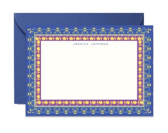 Maribel Cobalt Block Print Border Stationery Classic Size (A7) Notecards, Monogram, Custom, Artistic, Chic, Fine Stationery, Luxury Stock