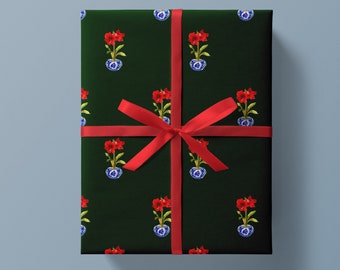 Wrapping Paper: Amaryllis Ginger Jar Hunter {Gift Wrap, Birthday, Holiday, Christmas}