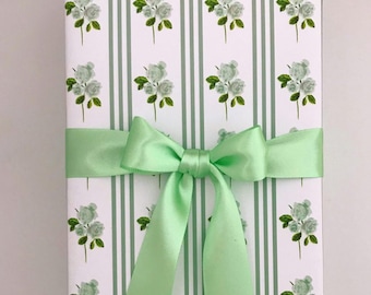 Wrapping Paper: Sage French Rose Pinstripe {Gift Wrap, Birthday, Holiday, Christmas}