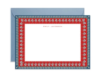 Coralie Red & Navy Block Print Border Stationery Classic Size (A7) Notecards, Monogram, Custom, Chic, Fine Stationery, Luxury Stock