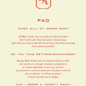 May include: A cream-colored informational graphic with a red logo featuring the letters RS inside a border. The text reads FAQ, WHEN WILL MY ORDER SHIP?, DO YOU TAKE RETURNS/EXCHANGES?, and CAN I ORDER A VARIETY PACK? with detailed policy explanations.