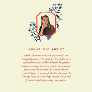 May include: A portrait of a woman in a red octagonal frame, surrounded by blue floral illustrations. The text "ABOUT THE ARTIST" is above a description of the artist's work and background.