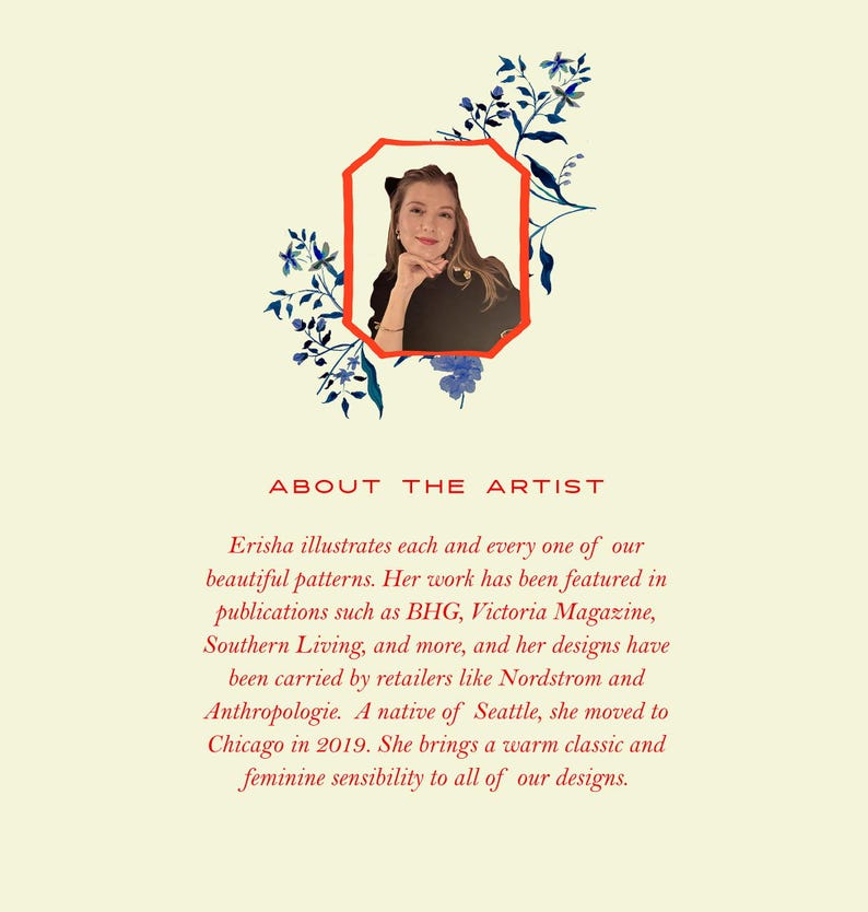 May include: A portrait of a woman in a red octagonal frame, surrounded by blue floral illustrations. The text "ABOUT THE ARTIST" is above a description of the artist's work and background.