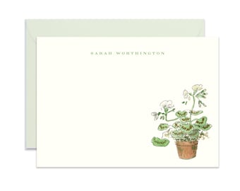 Juego de papelería personalizado, tarjetas de nombre personalizadas, tarjetas de notas florales, tarjetas de notas personalizadas, tarjetas planas con sobres, maceta de geranio